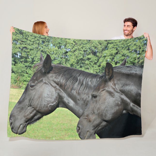 Black Horses in Peaceful Meadow Light Fleece Blanket (In Situ)