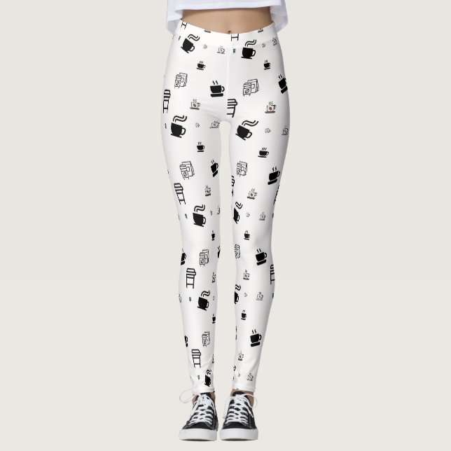 Black Hot Coffee Cup Latte Takeaway Illustrations Leggings (Front)