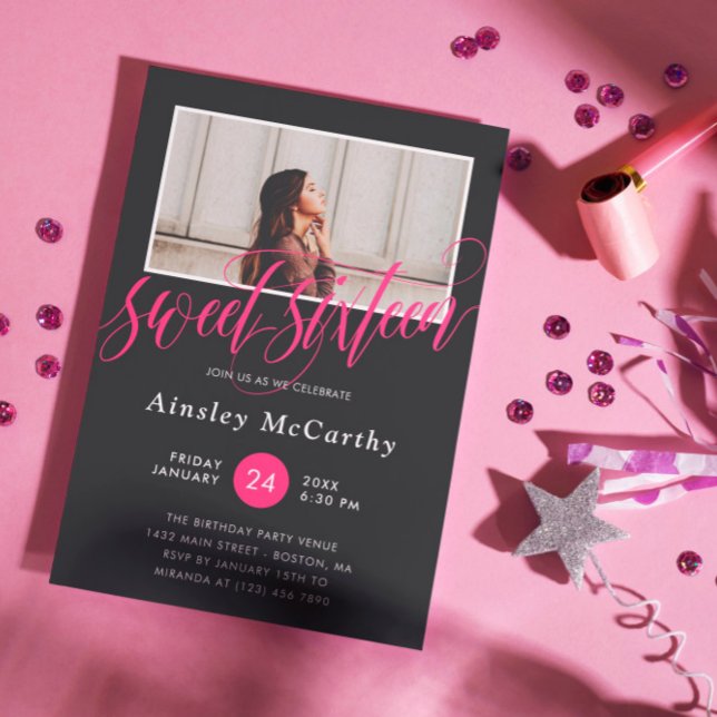 Black & Hot Pink Calligraphy Swirls Photo Sweet 16 Invitation (Creator Uploaded)