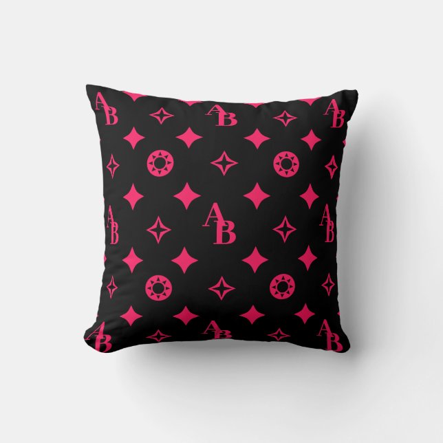 Black + Hot Pink Custom Initial Monogram Pattern Cushion (Front)