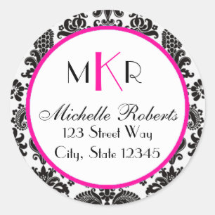 Black & Hot Pink Damask Round Return Address Label