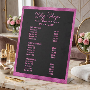 Black & Hot Pink Faux Foil Beauty Salon Price List Pedestal Sign