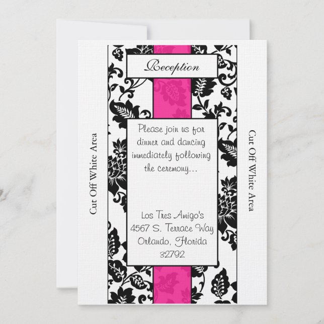 Black/Hot Pink Floral Damask Reception Card (Front)