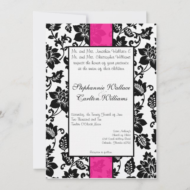 Black/Hot Pink Floral Damask Wedding Invitation (Front)
