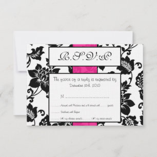 Black/Hot Pink Floral Damask Wedding RSVP Card