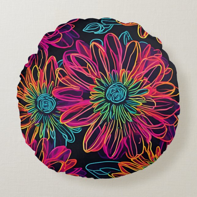 Black Hot Pink Flower Round Cushion (Front)