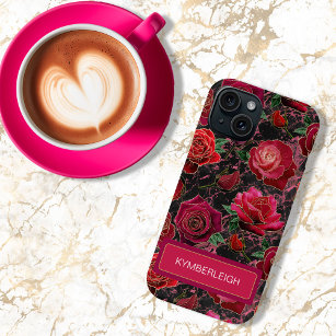 Black Hot Pink Glam Roses Marble Monogram Name iPhone 15 Case