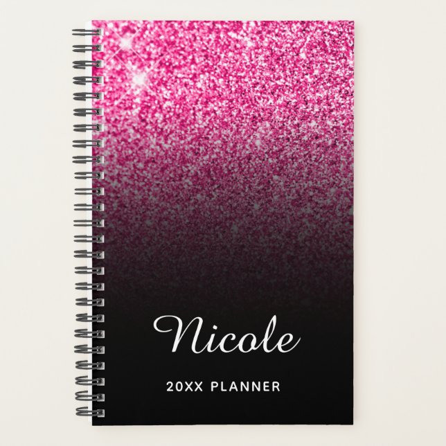 Black Hot Pink Glitter Ombre Personalised Planner (Front)