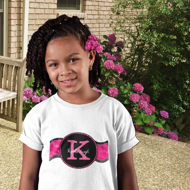 Black Hot Pink Grey Waves Girly Glam Monogram Name T-Shirt (Creator Uploaded)
