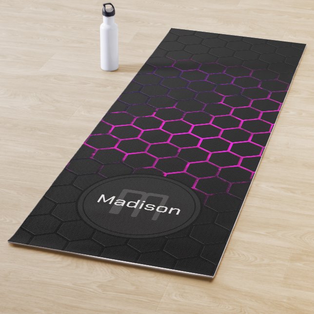 Black hot pink honeycomb geometry pattern Monogram Yoga Mat (In Situ)