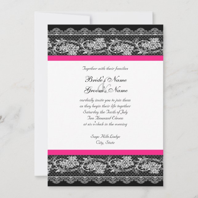 Black Hot Pink Lace Wedding Invitation (Front)