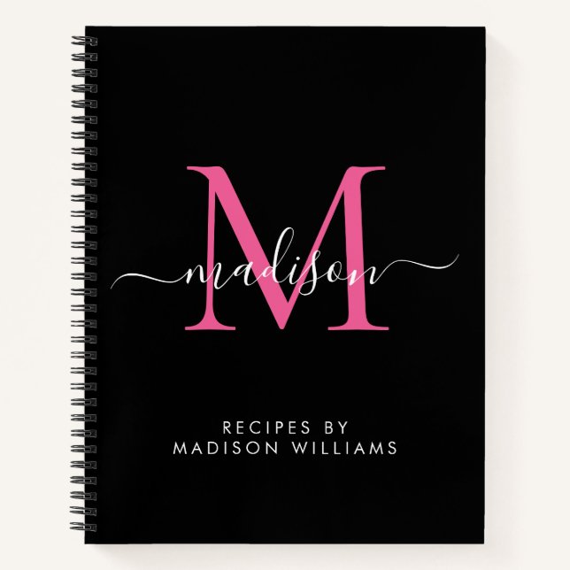 Black Hot Pink Magenta Monogram Script Name Recipe Notebook (Front)