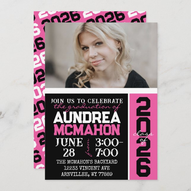 Black & Hot Pink Modern Graduation Photo Invitation (Front/Back)