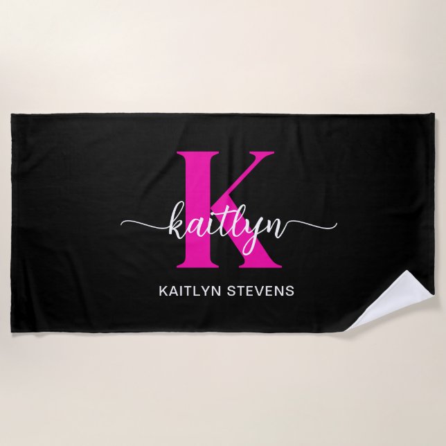 Black Hot Pink Monogram Beach Towel (Front)