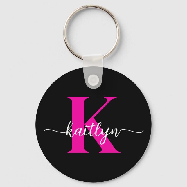 Black Hot Pink Monogram Key Ring (Front)
