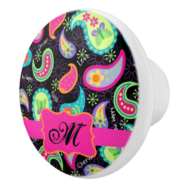 Black Hot Pink Monogram Personalised Mod Paisley Ceramic Knob (Right)
