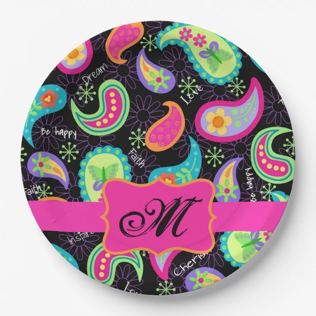 Black Hot Pink Monogram Personalised Mod Paisley Paper Plate (Front)