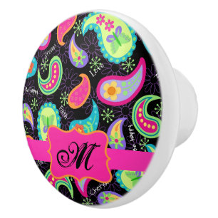 Black Hot Pink Monogram Personalized Mod Paisley Ceramic Knob