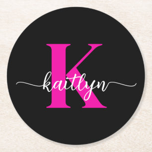 Black Hot Pink Monogram Round Paper Coaster