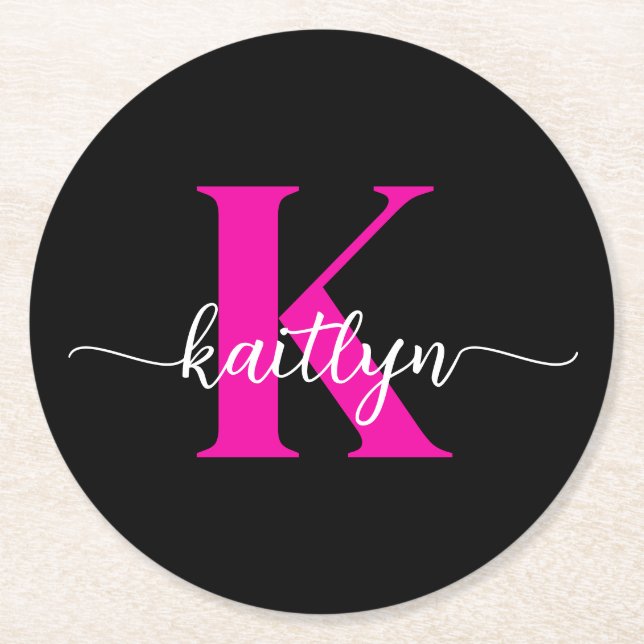 Black Hot Pink Monogram Round Paper Coaster (Front)