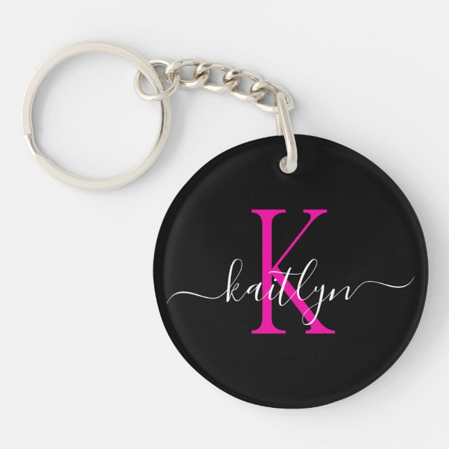 Black Hot Pink Name Initial Monogram Key Ring (Front)