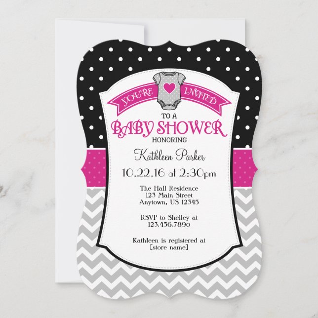 Black Hot Pink Polkadot Chevron Baby Shower Invite (Front)