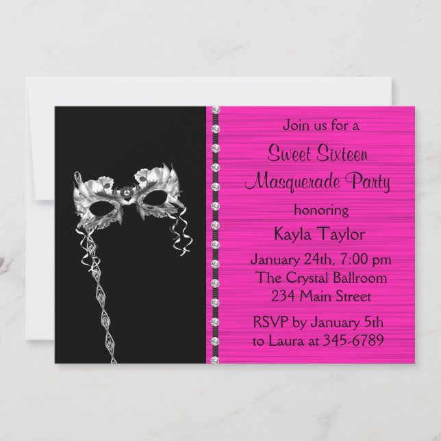 Black Hot Pink Sweet Sixteen Masquerade Party Invitation (Front)