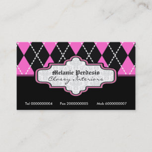 Black hot pink white argyle trendy business cards