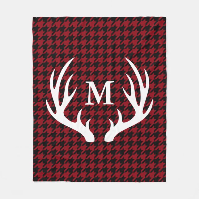 Black Hounds Tooth White Deer Antlers Personalised Fleece Blanket (Front)