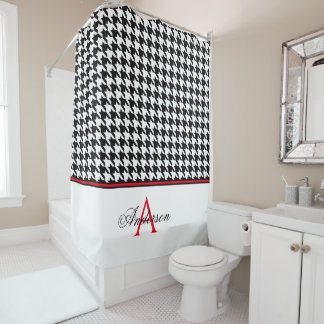 Black Houndstooth Red Monogram   Shower Curtain