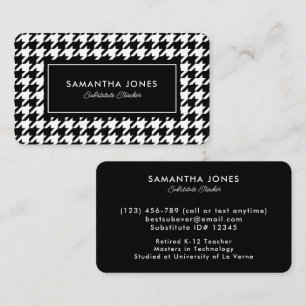 Black Houndstooth Substitute Teacher Contact Info Business Card