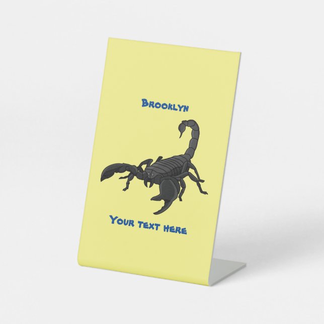 Black hungry scorpion cartoon illustration  pedestal sign (Front)