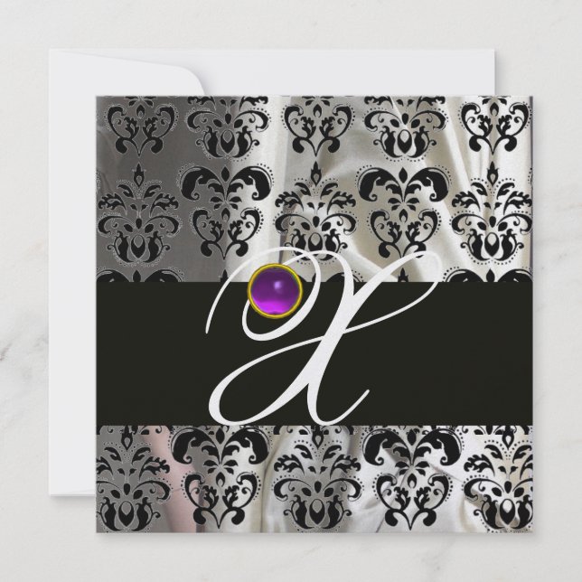 BLACK ICE SILK DAMASK MONOGRAM PURPLE AMETHYST INVITATION (Front)