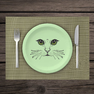 black Illustration of Cat Face Green Eyes Whiskers Paper Plate