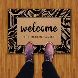 Black Illustration Personalised Welcome Doormat