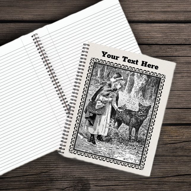 Black Illustration Red Riding Hood Basket Wolf  Notebook (Black Illustration Red Riding hood basket in woods with wolf ornate frame on spiral notebook.)