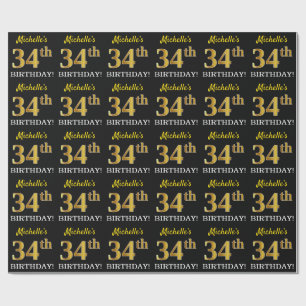Black, Imitation Gold "34th BIRTHDAY" Wrapping Paper