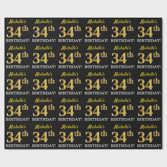 Black, Imitation Gold "34th BIRTHDAY" Wrapping Paper (Flat)