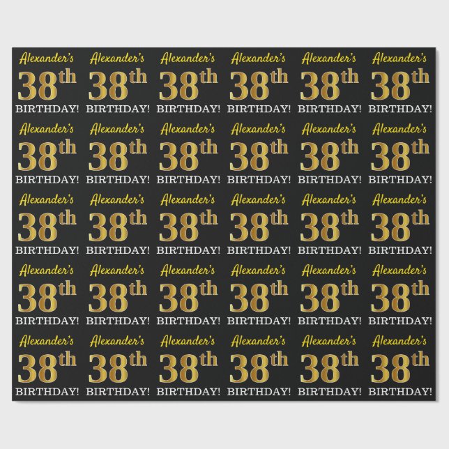Black, Imitation Gold "38th BIRTHDAY" Wrapping Paper (Flat)