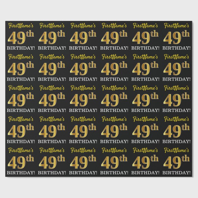Black, Imitation Gold "49th BIRTHDAY" Wrapping Paper (Flat)