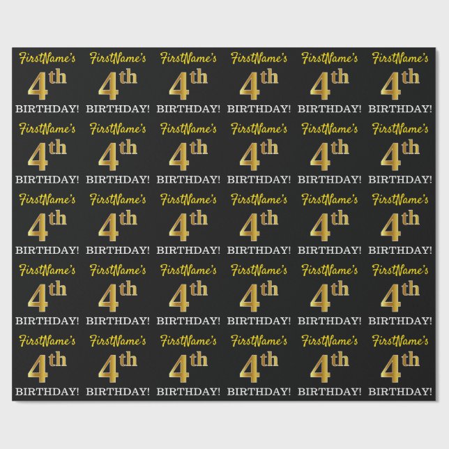 Black, Imitation Gold "4th BIRTHDAY" Wrapping Paper (Flat)