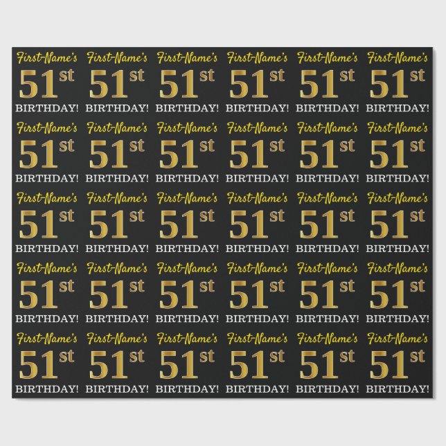 Black, Imitation Gold "51st BIRTHDAY" Wrapping Paper (Flat)