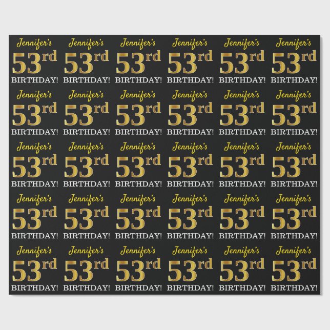 Black, Imitation Gold "53rd BIRTHDAY" Wrapping Paper (Flat)
