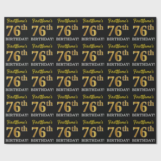 Black, Imitation Gold "76th BIRTHDAY" Wrapping Paper (Flat)