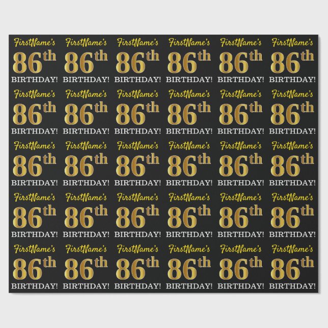 Black, Imitation Gold "86th BIRTHDAY" Wrapping Paper (Flat)