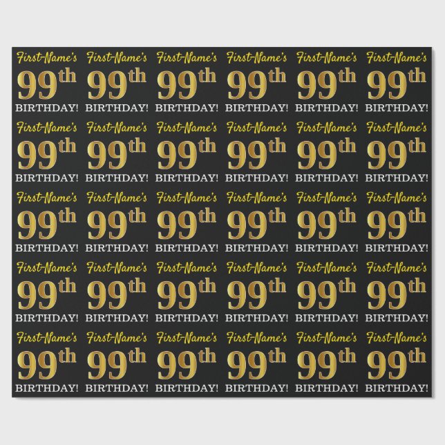 Black, Imitation Gold "99th BIRTHDAY" Wrapping Paper (Flat)
