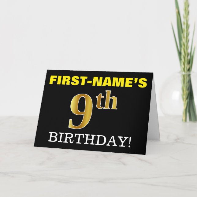 Black, Imitation Gold "9th BIRTHDAY" Card (Front)
