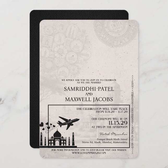 Black India Passport Wedding Invitation (Front/Back)