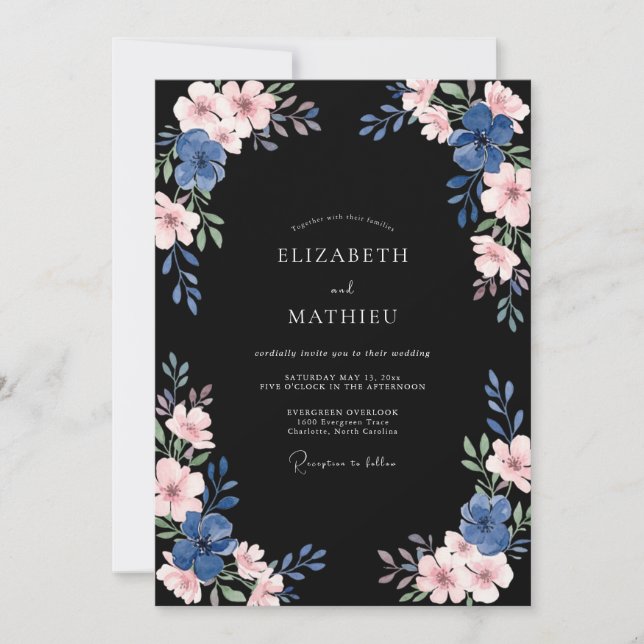 Black Indigo Bloom Wedding Invitation (Front)