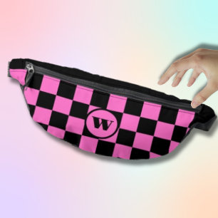 Black Initial   Black and Neon Pink Chequered Bum Bags